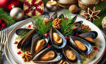 mejillones con salsa de nueces y granada