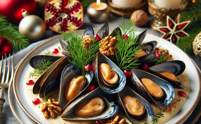 mejillones con salsa de nueces y granada