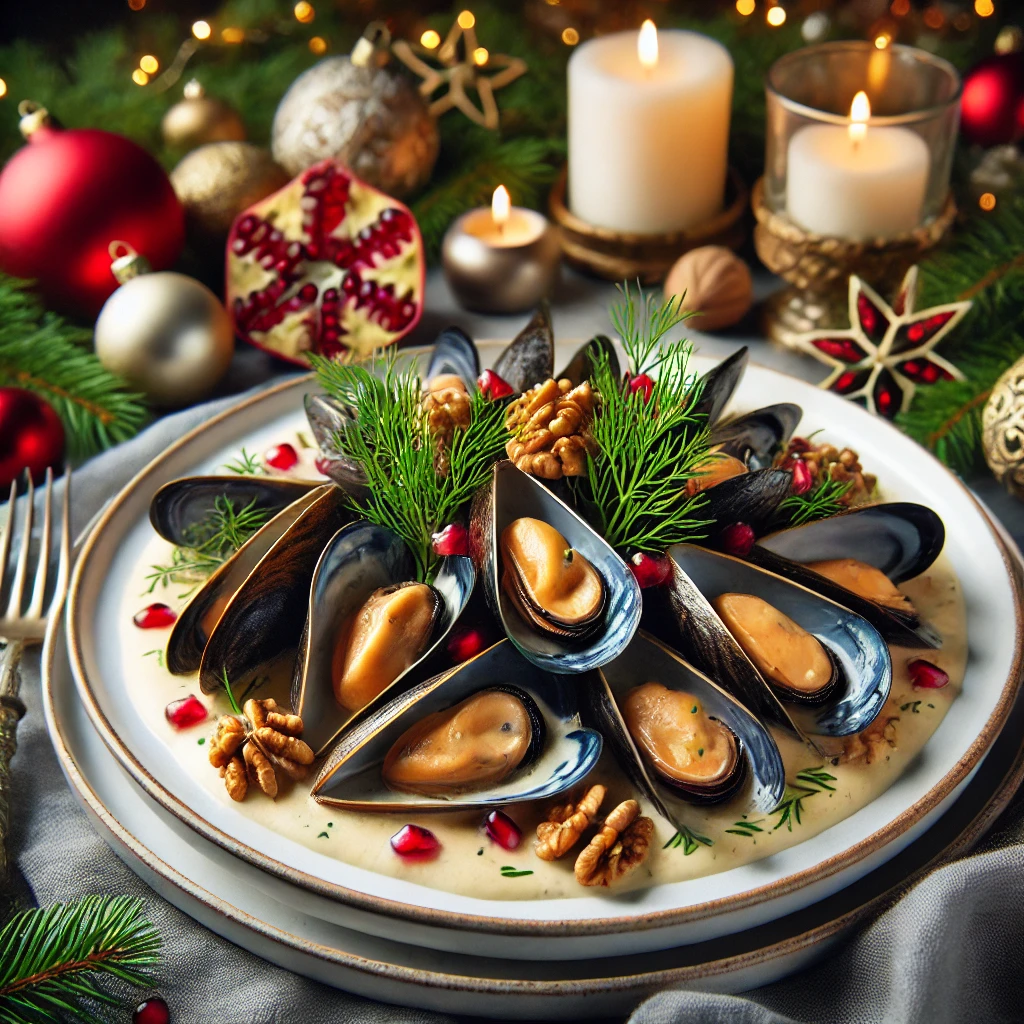 mejillones con salsa de nueces y granada