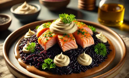 Arroz Negro Cremoso con Salmon Marinado y Alioli