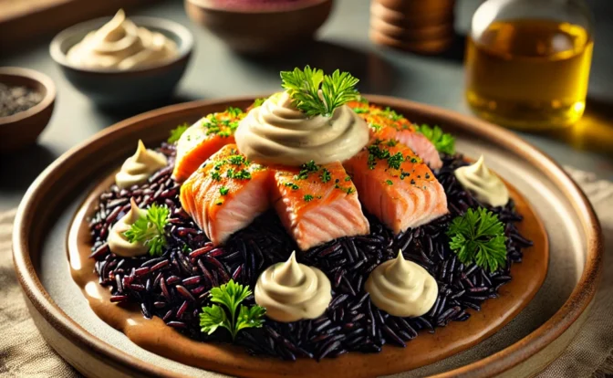 Arroz Negro Cremoso con Salmon Marinado y Alioli
