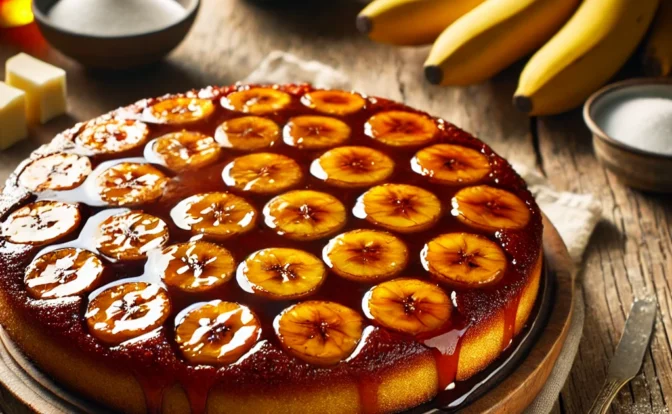 Tarta invertida de platano