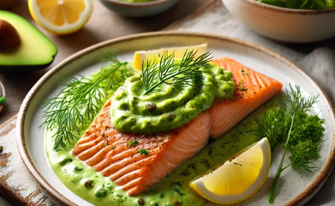 l salmon fresco con salsa de aguacate