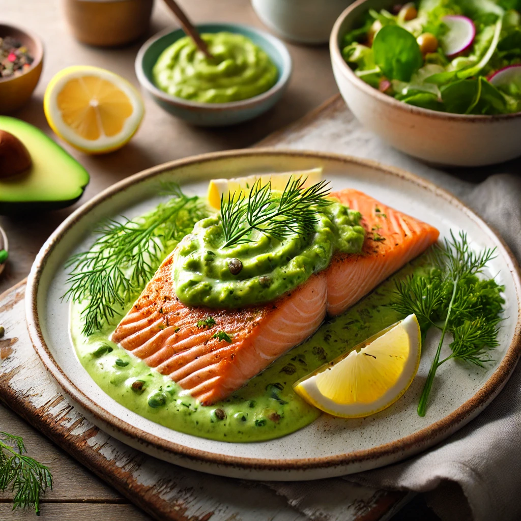 l salmon fresco con salsa de aguacate