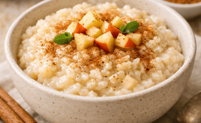 a bowl of rice pudding with apples and cinnamon