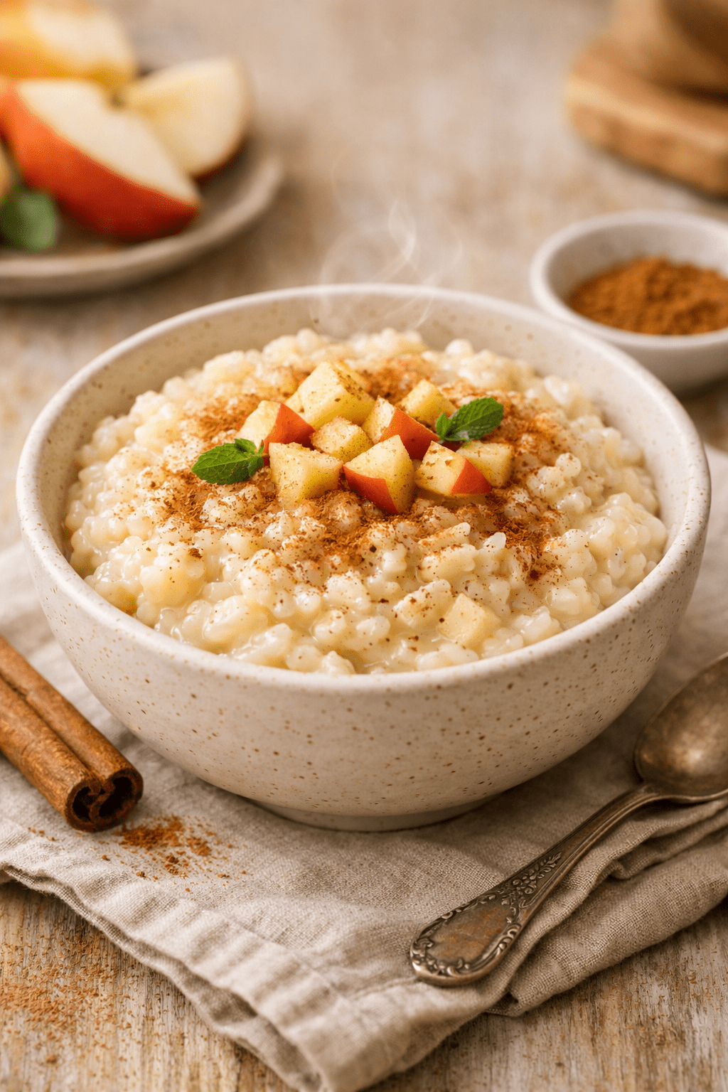 a bowl of rice pudding with apples and cinnamon